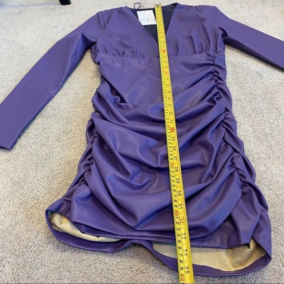 Zara purple faux leather long sleeve V-neck ruched mini dress Sz L NWT - Picture 13 of 14